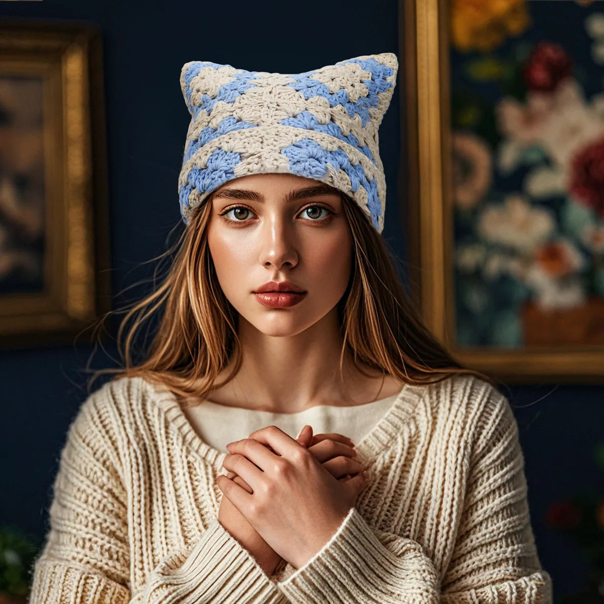 2025 Bonnet en Laine avec Oreilles de Chat - Bonnet Crocheté à la Main pour l'Hiver