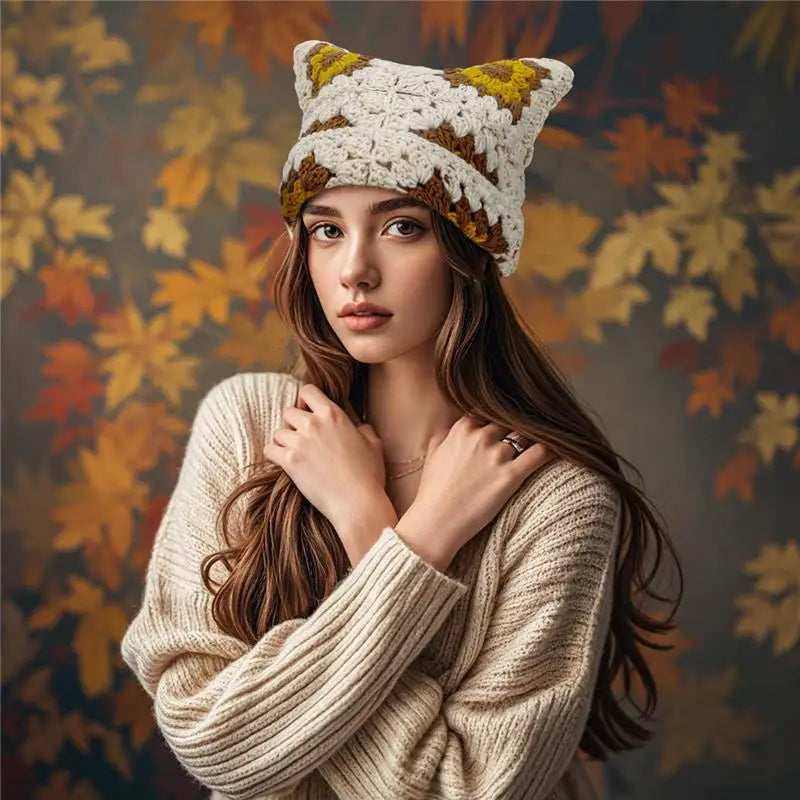 2025 Bonnet en Laine avec Oreilles de Chat - Bonnet Crocheté à la Main pour l'Hiver